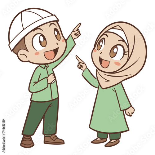 A cute cartoon illustration of a young Muslim boy and girl smiling and pointing upward. The boy wears a white cap and green outfit, while the girl wears a beige hijab and matching green dress.