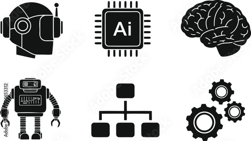 Modern artificial intelligence icons featuring robots and ai chips