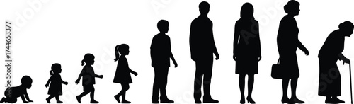 Diverse human life stages depicted in black silhouette