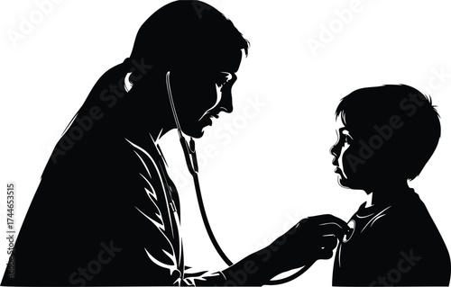 Pediatrician examining a child with a stethoscope medical illustration