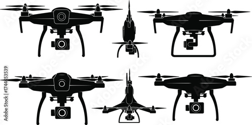 Collection of black drone quadcopter icons with cameras
