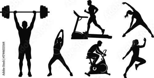 Diverse collection of people engaged in various fitness and gym activities