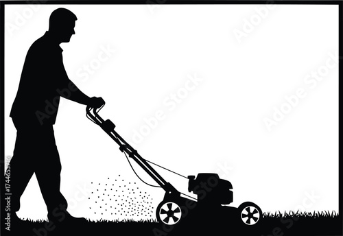 Man with lawnmower in a garden or park