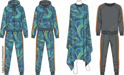Clothing designs featuring tracksuits and a draped top with abstract patterns on a white background
