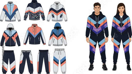 Mannequins displaying tracksuits with chevron patterns and jacket and pants design sketches nearby