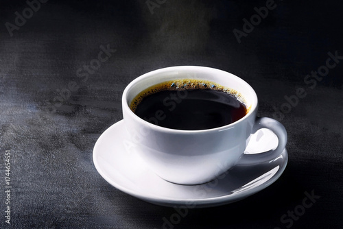 Freshly brewed black coffee in white cup with saucer on dark background. The concept of drinking black coffee for good health. For copy space.