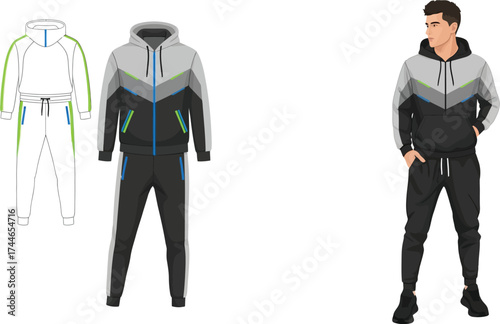 Illustration of a man wearing a tracksuit with design sketches of the tracksuit on the left side