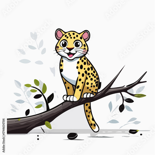 Cartoon illustration of a cheerful leopard sitting on a tree branch with leaves against a white background.
