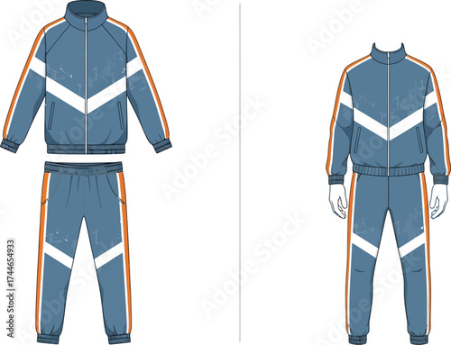 Illustration showing blue tracksuit with white chevron and orange stripes on a white background