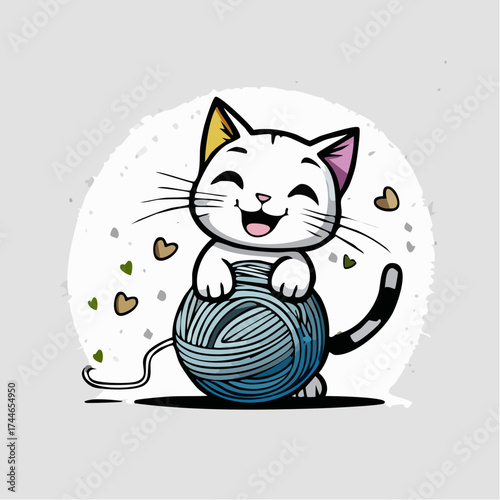 A cheerful cartoon cat playing with a ball of yarn on a white background with colorful hearts and a joyful mood.