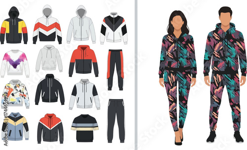 Assortment of hoodies sweatshirts and tracksuits displayed with models wearing matching outfits