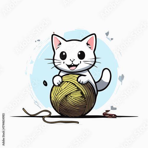 A cartoon white cat playing with a ball of yellow and brown yarn on a white surface with a light blue circle background.