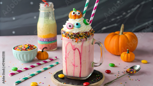 Monster Milkshake in a glass jar with colored swirls, whipped cream, candy eyeballs and a small fondant monster perched on top