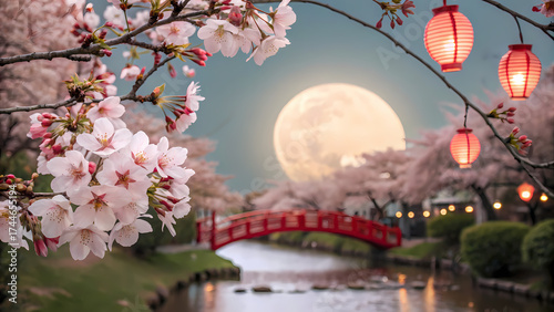 Sakura Moon Celebration. Full moon placed center framed by arching sakura branches