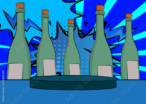 Comic Book Product podium stage for mockup presentation with glass bottle. Retro comics background.