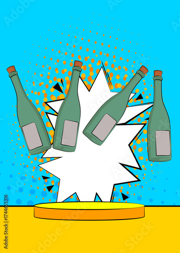 Comic Book Product podium stage for mockup presentation with glass bottle. Retro comics background.