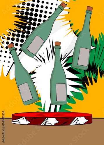 Comic Book Product podium stage for mockup presentation with glass bottle. Retro comics background.