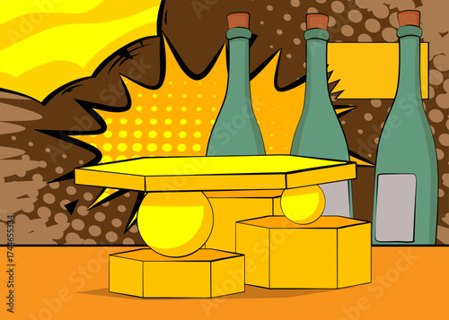 Comic Book Product podium stage for mockup presentation with glass bottle. Retro comics background.