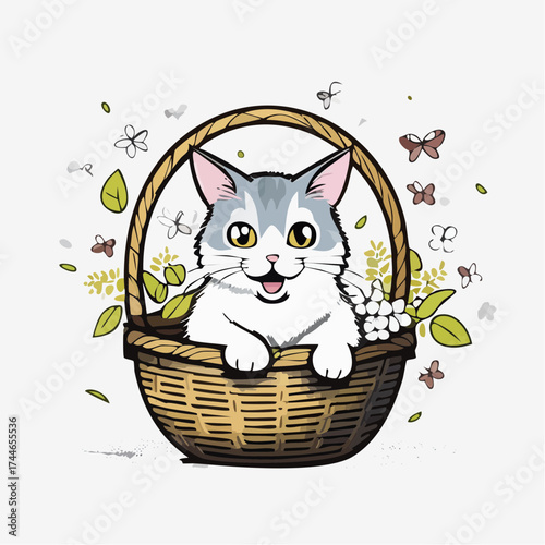 A cartoon cat sits in a wicker basket surrounded by leaves and butterflies on a white background with a playful mood.