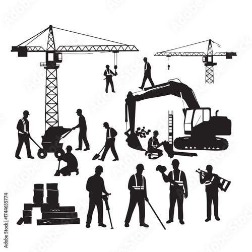 Construction workers and heavy machinery are silhouetted against a white background, representing building and infrastructure development.