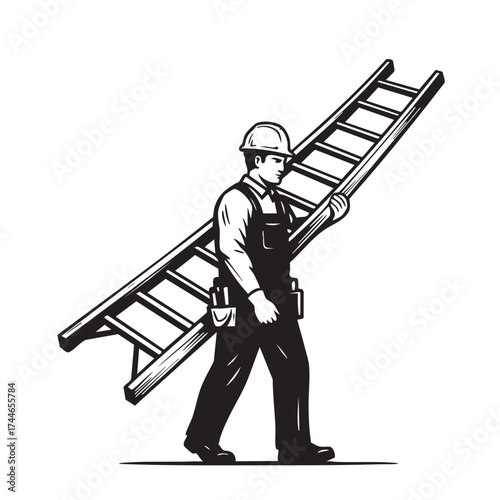 A construction worker in overalls and a hard hat carries a wooden ladder over his shoulder, ready for work on a building site.