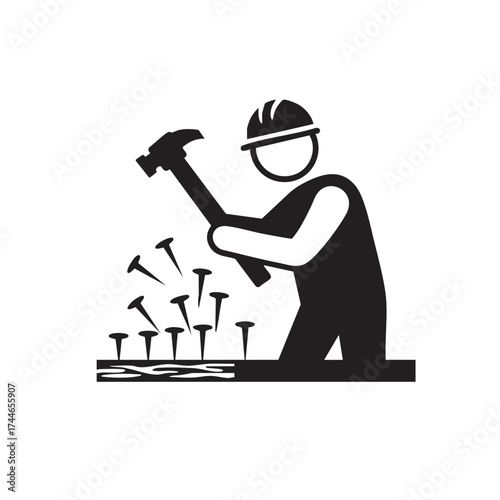 A construction worker icon hammers nails into a wooden plank, symbolizing building and carpentry with precision and skill.
