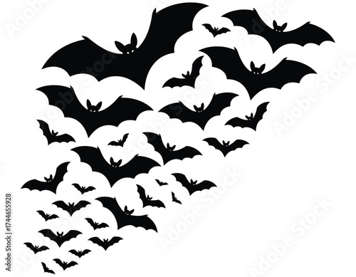 A dark and spooky collection of silhouetted bats flying in formation against a white background, perfect for Halloween or gothic themes
