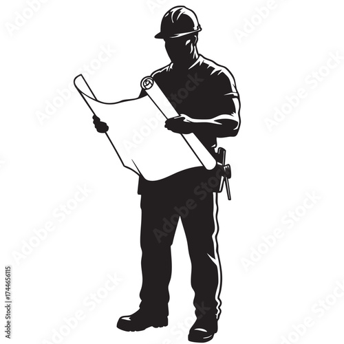 A construction worker in silhouette meticulously reviews blueprints, symbolizing planning and the building process for a new project with precision.