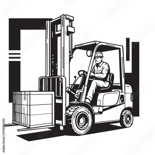 A monochrome illustration depicts a forklift operator efficiently moving a pallet of goods within an industrial warehouse setting, showcasing logistics.