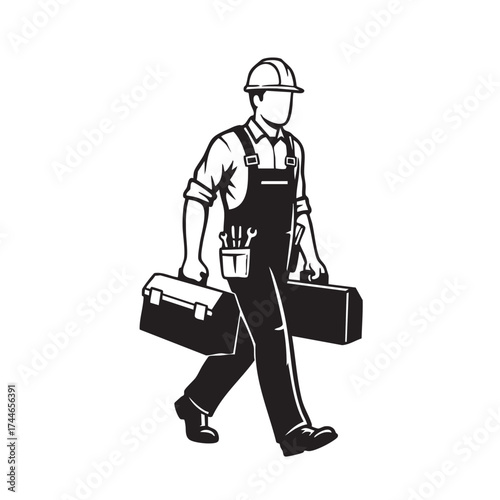A black and white illustration depicts a construction worker carrying a toolbox and equipment, symbolizing labor and the building trades.