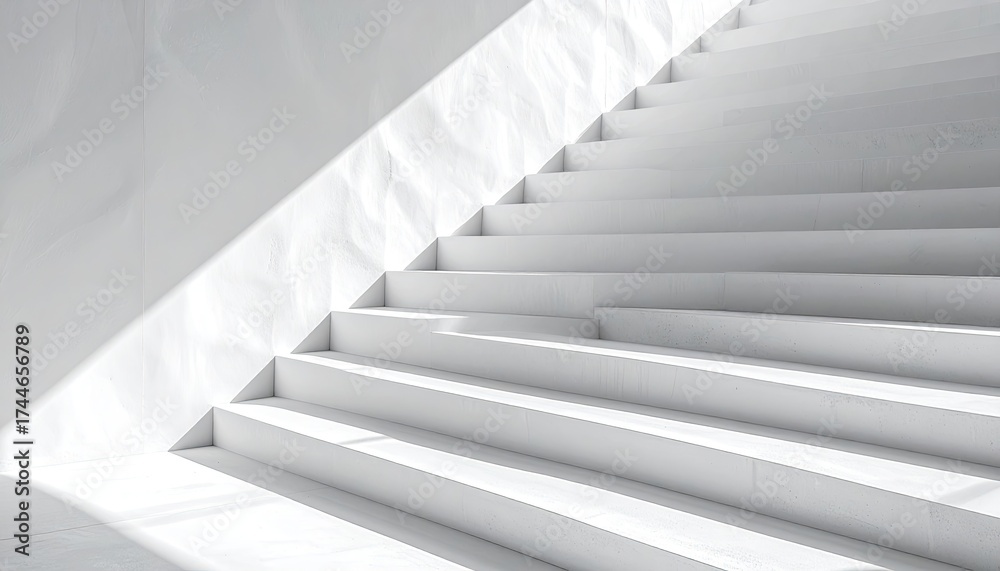 Fototapeta premium Minimalist White Concrete Staircase with Sunlight Casting Shadows Architecture Detail Abstract Step Ascending Design Modern Building