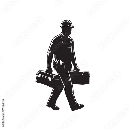 Silhouette of a construction worker carrying a toolbox, representing labor, industry, and the skilled trades, set against a white background.