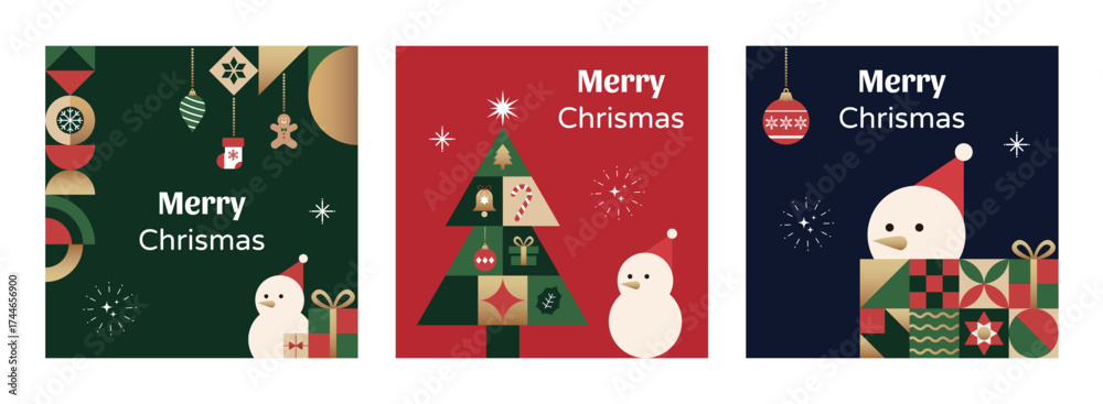 Fototapeta premium Set of square festive Christmas cards with snowmen and holiday decorations