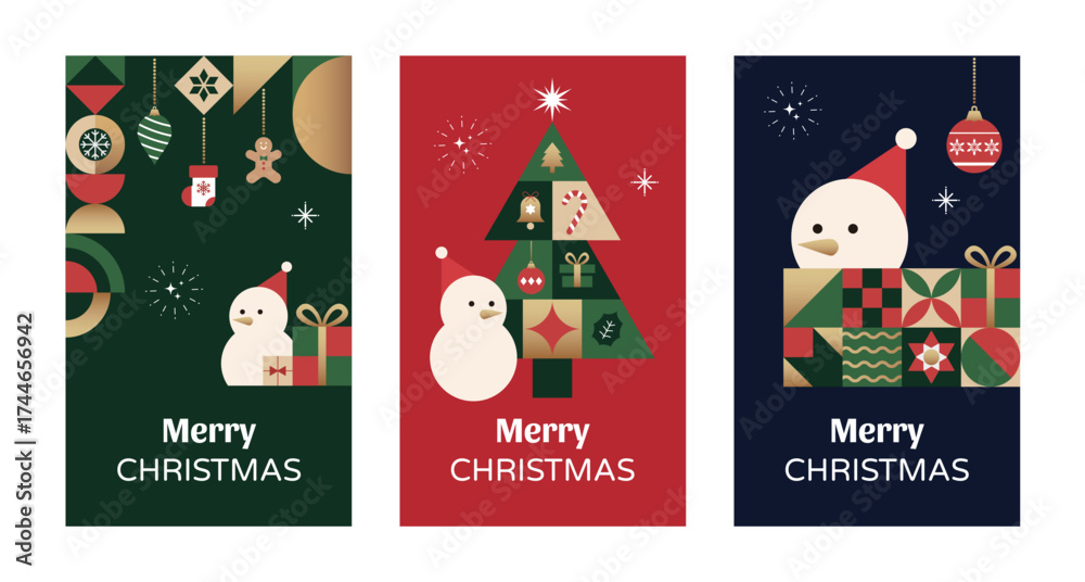 Fototapeta premium Set of vertical holiday Christmas cards with snowmen and festive decorations