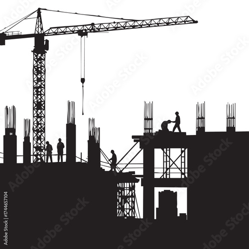 Silhouette of a construction site featuring a crane and workers, symbolizing urban development and the building process against a bright sky.