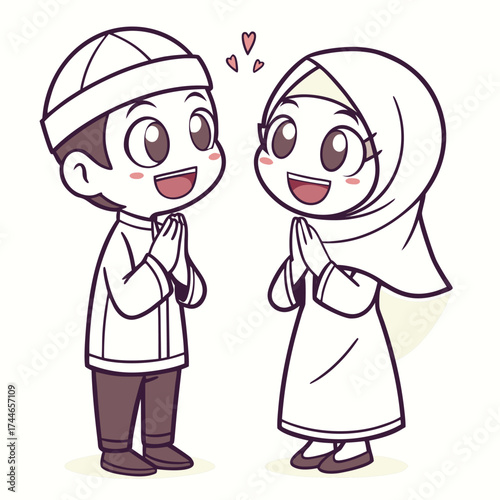 A cartoon boy and girl in traditional Islamic attire smile warmly at each other. They hold their hands together in front of their chests, suggesting greeting or prayer. Red hearts above them highlight