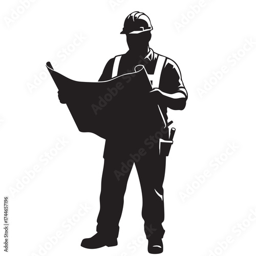 A silhouette of a construction worker wearing a hard hat, examining blueprints, representing architecture and building concepts.