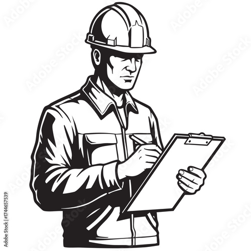 A construction worker, wearing a hard hat, diligently inspects and records information on a clipboard, ensuring project accuracy and safety.