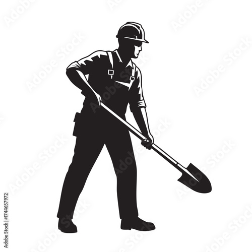 A construction worker in silhouette, wearing a hard hat and overalls, digs with a shovel, representing labor and manual work.