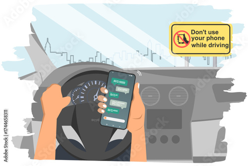 A man driving a car while using a mobile phone. Driving safety campaign. Do not use your phone while driving concept. Vector illustration.