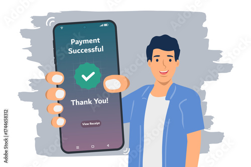 A man making payment for online shopping using his smartphone. Digital online payment and financial transaction success concept. Vector illustration.