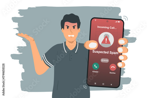 Man holding smartphone with incoming call from unknown caller on phone screen. Spammer incoming call concept. Vector illustration.