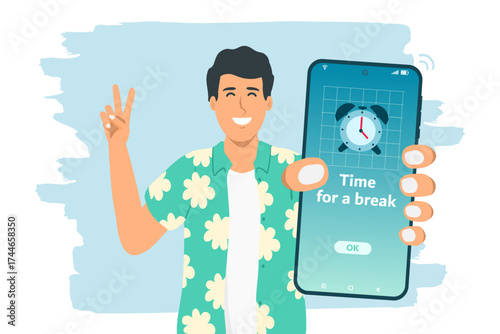 Take a break from your activity or phone. Person holding smartphone with time for a break notification. Vector illustration.