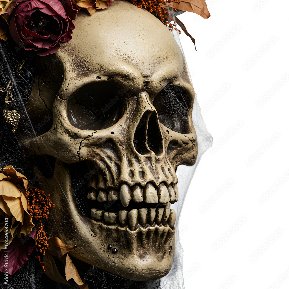 Obraz premium Creepy Halloween skull decoration with spooky horror vibe, perfect for eerie scenes and haunted designs. Isolated on white or transparent background. PNG format.