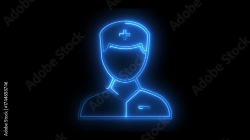 Blue Neon Outline Icon of a Medical Professional with a Cross Symbol healthcare doctor