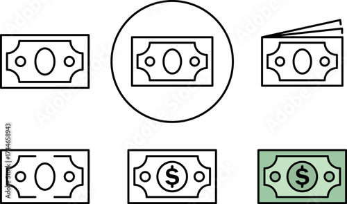 Collection of stylized dollar bill icons in various arrangements