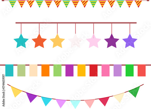 Colorful party bunting and star decorations for celebrations