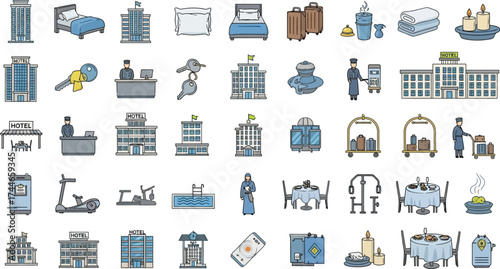 Hotel amenities icons including buildings rooms dining and services in a colorful flat design style