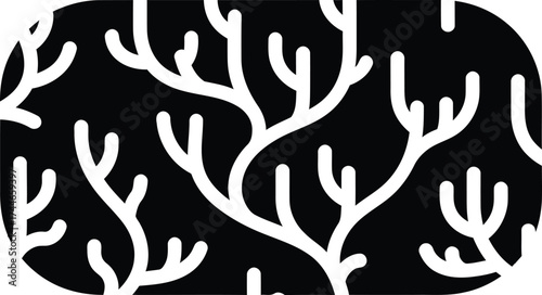 Abstract black and white branching pattern resembling coral or tree branches within a rounded rectangle