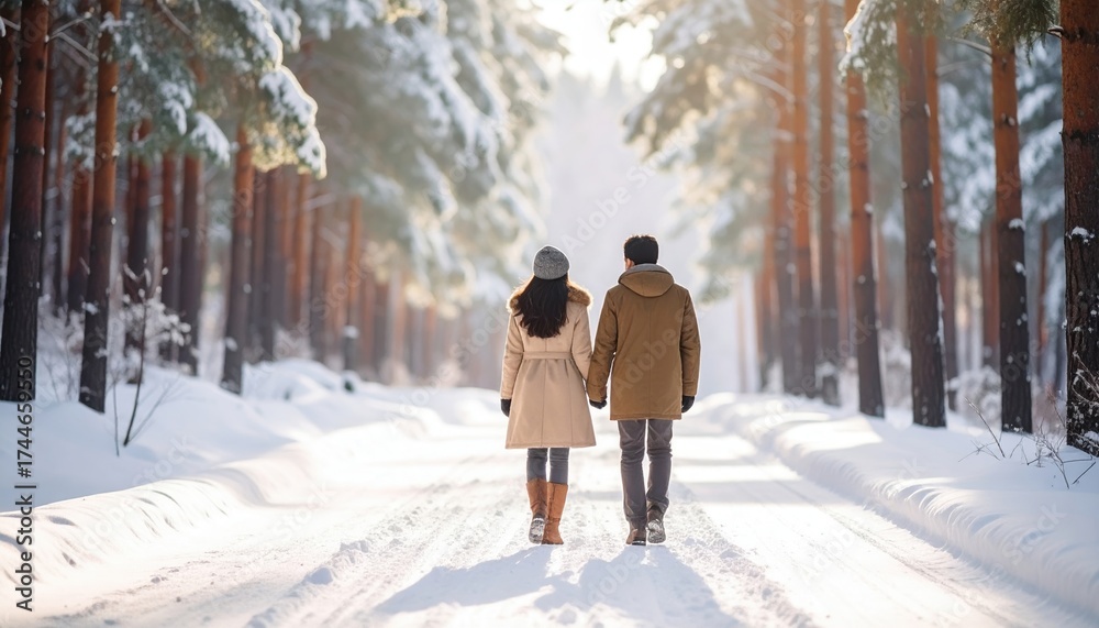 Naklejka premium Couple walking hand in hand through a snowy forest path, surrounded by tall pine trees and soft sunlight